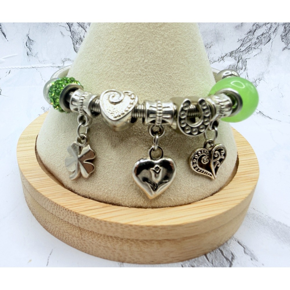 Irish Lucky Charm Stretch Bracelet Green Glass Shamrock Horseshoe Hearts
